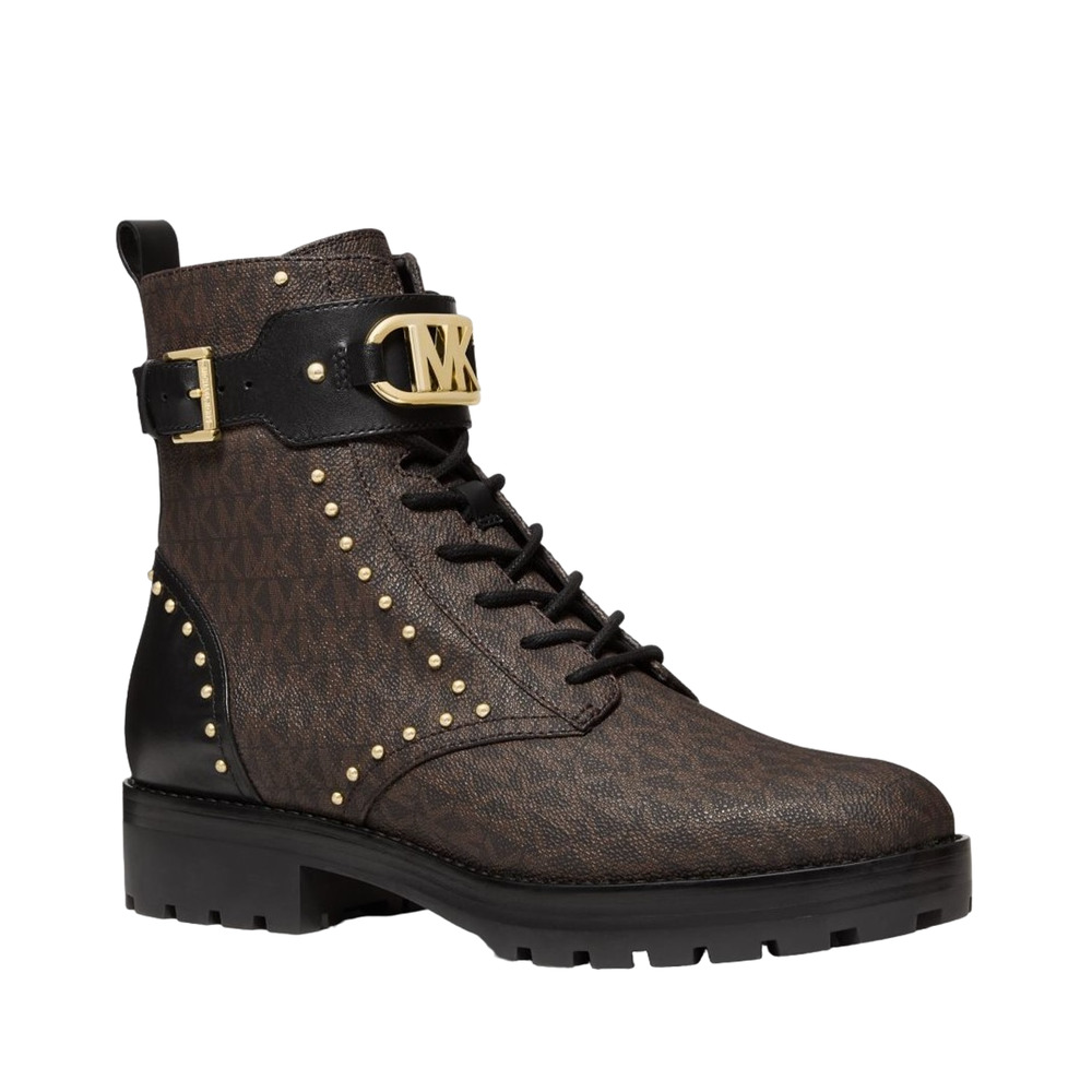 Michael Kors Kincaid Logo Studded Combat Boot Brown/Black 6.5/7/7.5/8/8.5/9 Nib